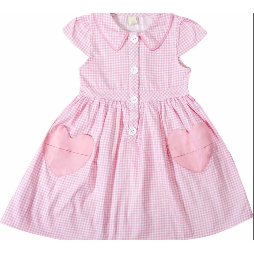 Girls Pink Gingham Heart Pocket Casual Dress